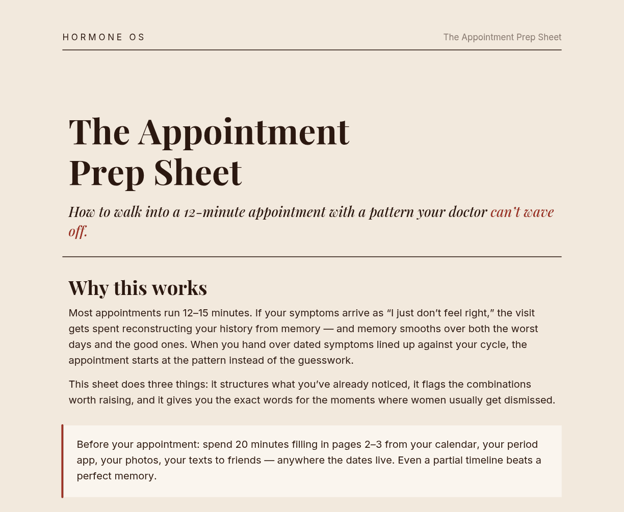 The first page of the Appointment Prep Sheet, titled “The Appointment Prep Sheet” over a section headed “Why this works”.